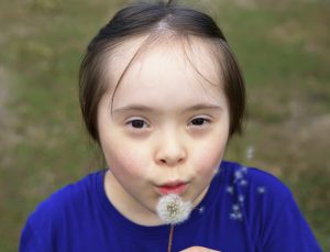 Little girl blowing dandelion .